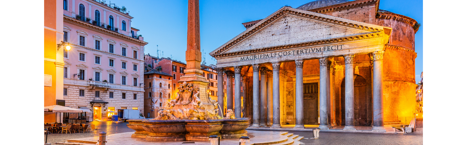 A tall stone fountain with many intricate figures, located in front of a triangular stone building with pillars. 